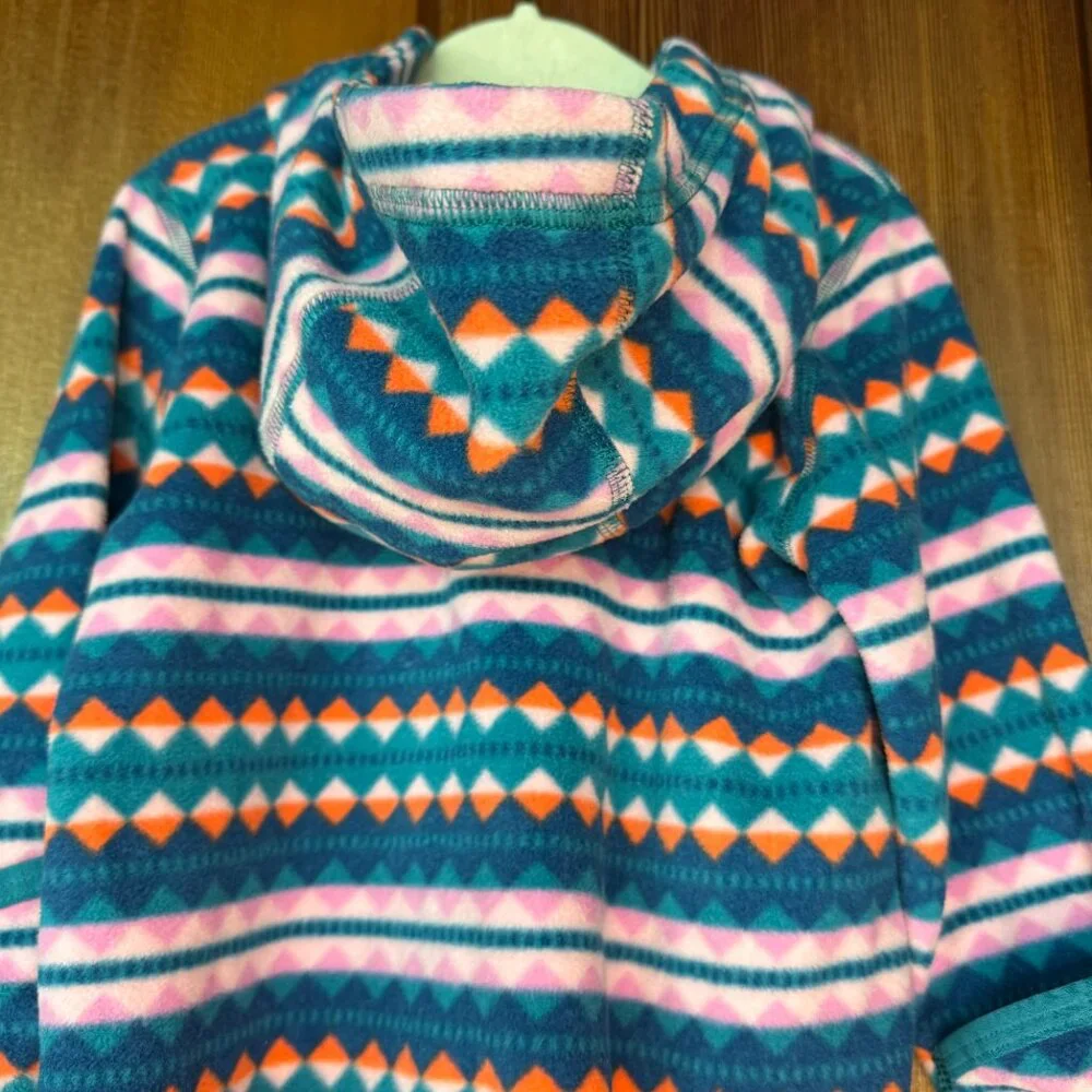 Patagonia Kids Footed One-Piece Fleece Romper in Teal, Pink & Orange Geo Print